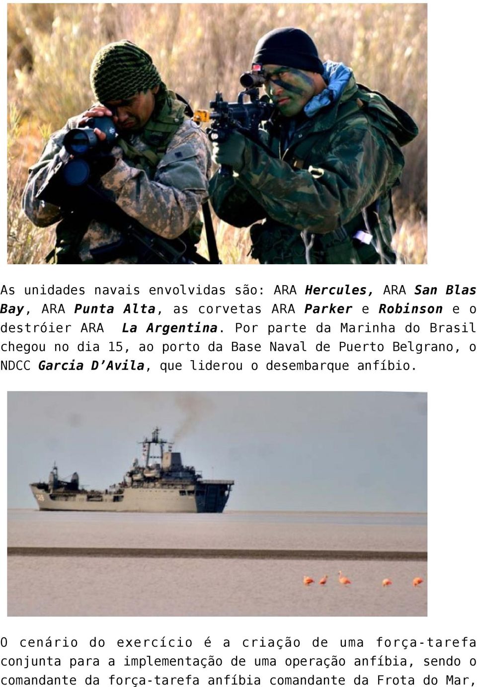 Por parte da Marinha do Brasil chegou no dia 15, ao porto da Base Naval de Puerto Belgrano, o NDCC Garcia D Avila, que