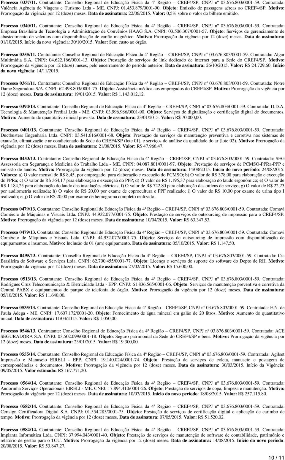 Processo 0340/11. Contratante: Conselho Regional de Educação Física da 4ª Região CREF4/SP, CNPJ nº 03.676.803/0001-59. Contratada: Empresa Brasileira de Tecnologia e Administração de Convênios HAAG S.