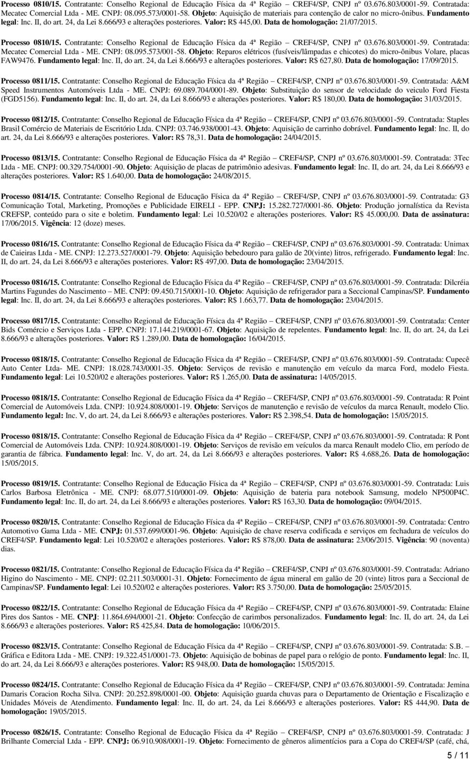 Data de homologação: 21/07/2015. Processo 0810/15. Contratante: Conselho Regional de Educação Física da 4ª Região CREF4/SP, CNPJ nº 03.676.803/0001-59. Contratada: Mecatec Comercial Ltda - ME.