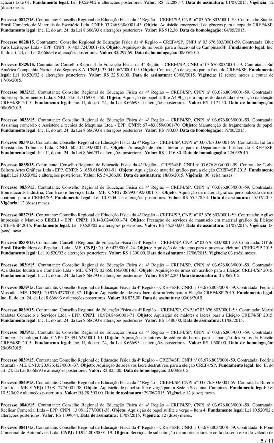 Objeto: Aquisição emergencial de gêneros para a copa do CREF4/SP. Fundamento legal: Inc. II, do art. 24, da Lei 8.666/93 e alterações posteriores. Valor: R$ 912,36. Data de homologação: 04/05/2015.