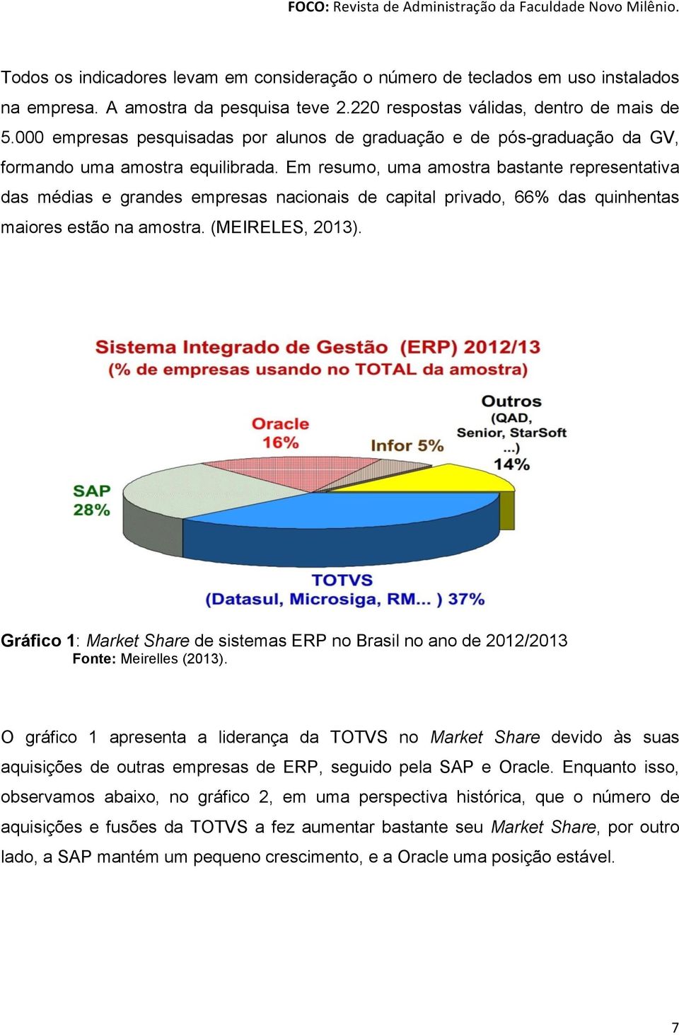 Em resumo, uma amostra bastante representativa das médias e grandes empresas nacionais de capital privado, 66% das quinhentas maiores estão na amostra. (MEIRELES, 2013).