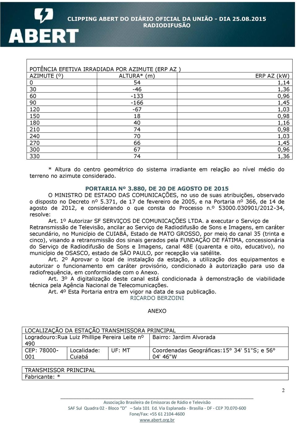 880, DE 20 DE AGOSTO DE 2015 O MINISTRO DE ESTADO DAS COMUNICAÇÕES, no uso de suas atribuições, observado o disposto no Decreto nº 5.