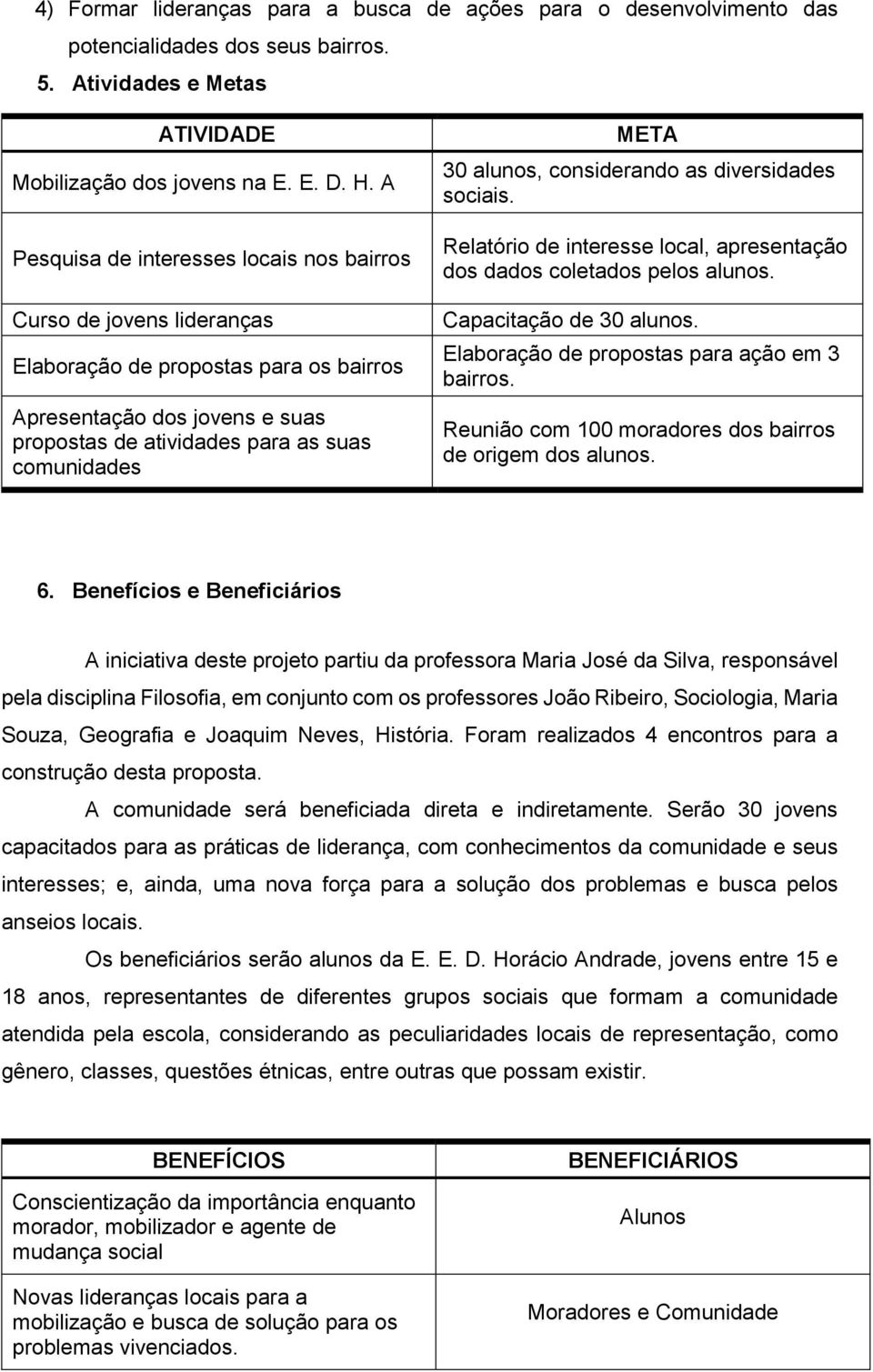 alunos, considerando as diversidades sociais. Relatório de interesse local, apresentação dos dados coletados pelos alunos. Capacitação de 30 alunos. Elaboração de propostas para ação em 3 bairros.