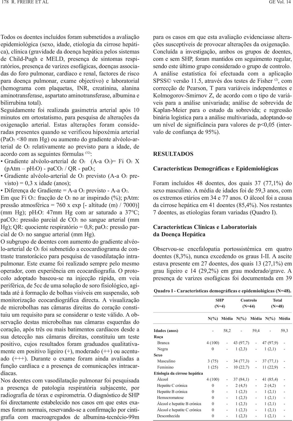 presença de sintomas respiratórios, presença de varizes esofágicas, doenças associadas do foro pulmonar, cardíaco e renal, factores de risco para doença pulmonar, exame objectivo) e laboratorial