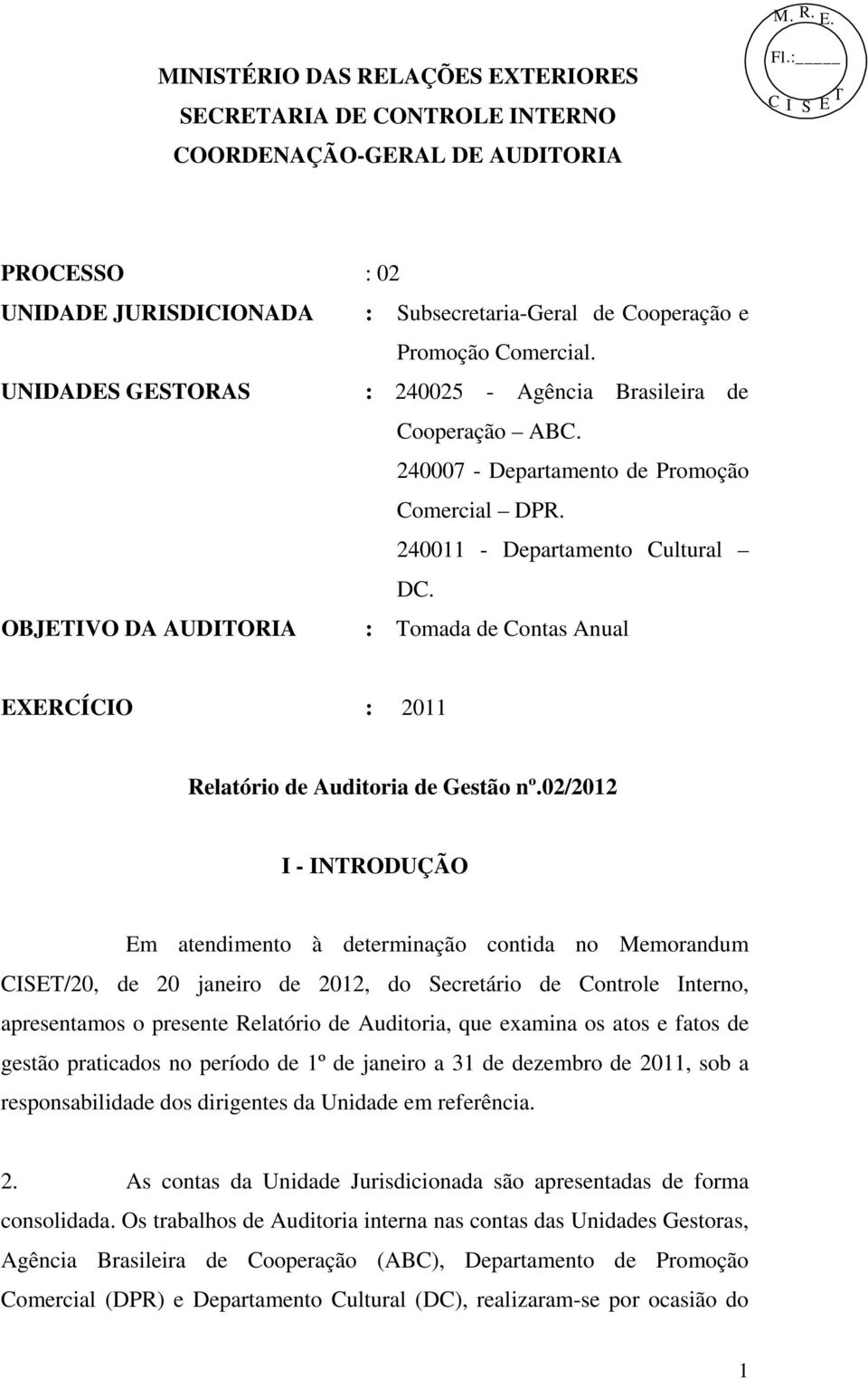 OBJETIVO DA AUDITORIA : Tomada de Contas Anual EXERCÍCIO : 2011 Relatório de Auditoria de Gestão nº.