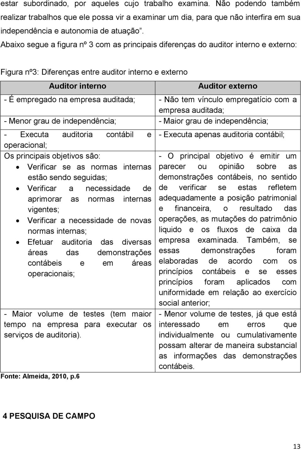 auditada; - Não tem vínculo empregatício com a empresa auditada; - Menor grau de independência; - Maior grau de independência; - Executa auditoria contábil e operacional; Os principais objetivos são: