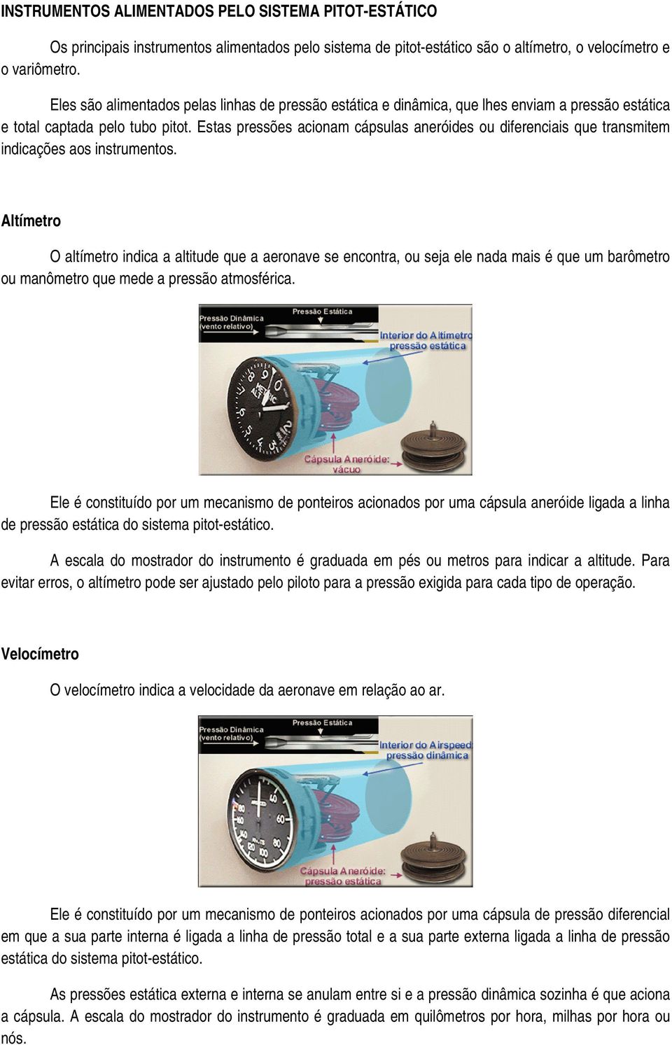 Estas pressões acionam cápsulas aneróides ou diferenciais que transmitem indicações aos instrumentos.