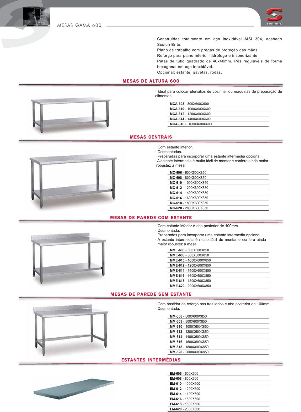 MESAS DE ALTURA 600 Ideal para colocar utensilios de cozinhar ou máquinas de preparação de alimentos.