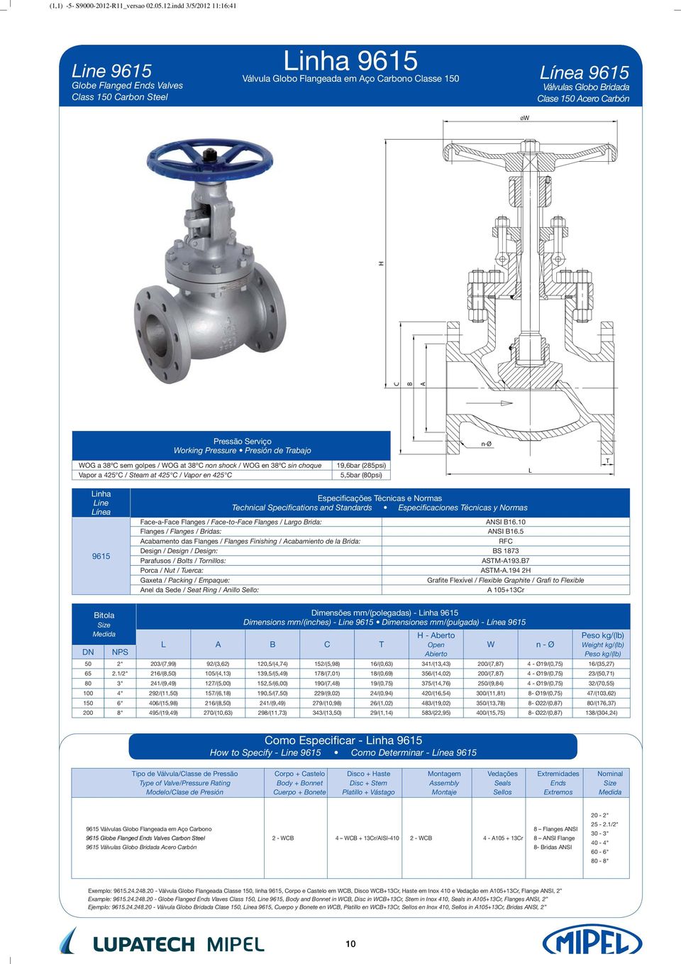 indd 3/5/212 11:16:41 Line 9615 Globe Flanged Valves Class 15 Carbon Steel Linha 9615 Válvula Globo Flangeada em Aço Carbono Classe 15 Línea 9615 Válvulas Globo Bridada Clase 15 Acero Carbón ØW C B A