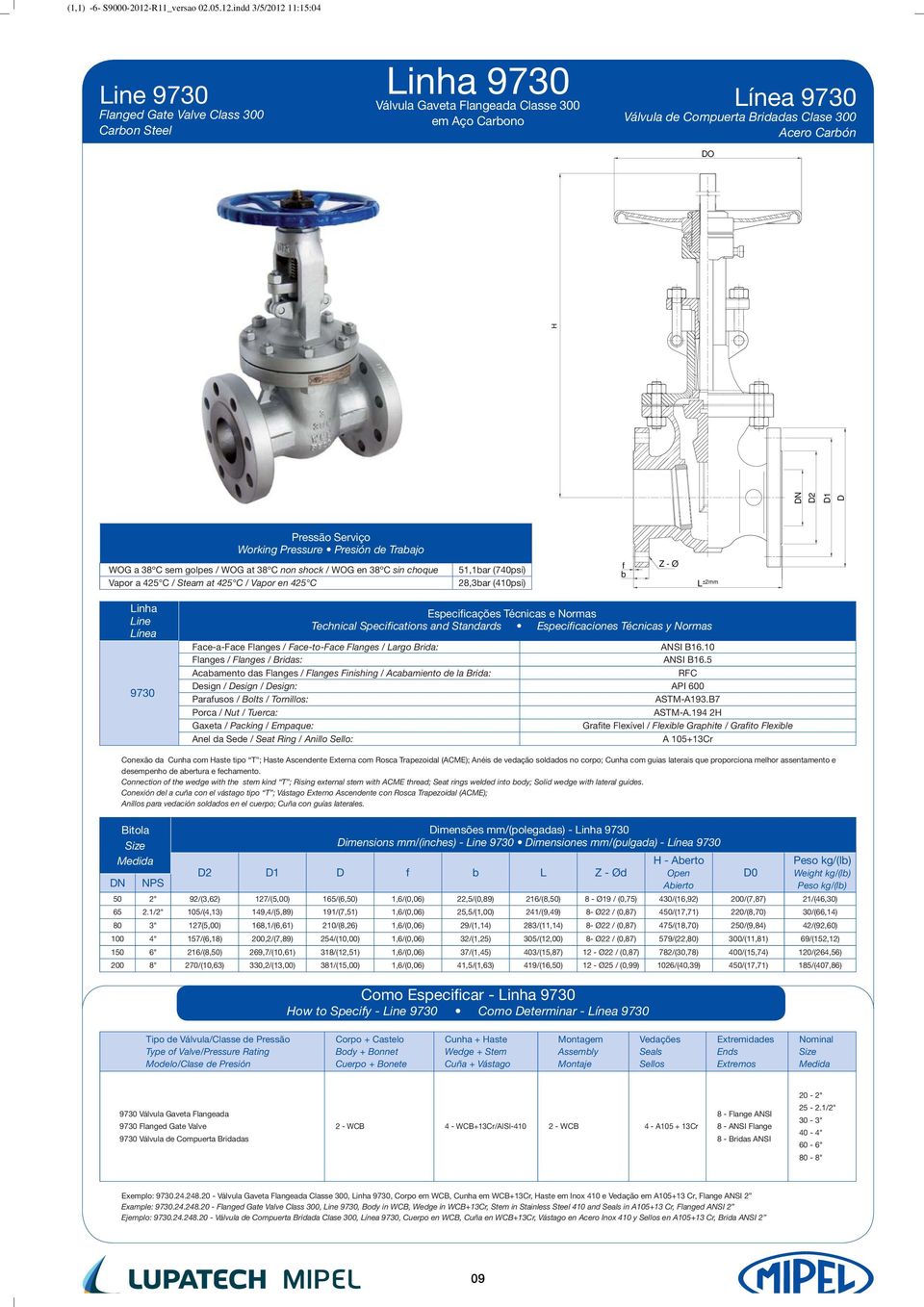 indd 3/5/212 11:15:4 Line 973 Flanged Gate Valve Class 3 Carbon Steel Linha 973 Válvula Gaveta Flangeada Classe 3 em Aço Carbono Línea 973 Válvula de Compuerta Bridadas Clase 3 Acero Carbón DO D2 D1