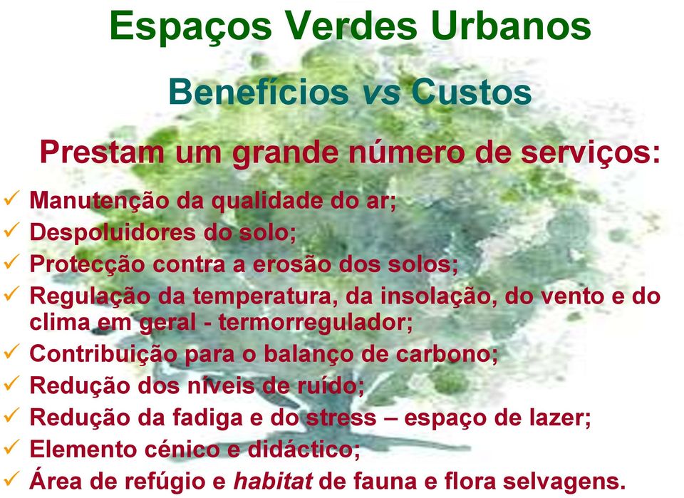 clima em geral - termorregulador; Contribuição para o balanço de carbono; Redução dos níveis de ruído; Redução da