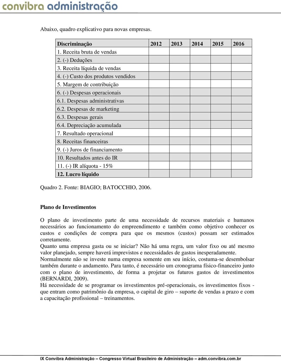 Receitas financeiras 9. (-) Juros de financiamento 10. Resultados antes do IR 11. (-) IR alíquota - 15% 12. Lucro líquido Quadro 2. Fonte: BIAGIO; BATOCCHIO, 2006.