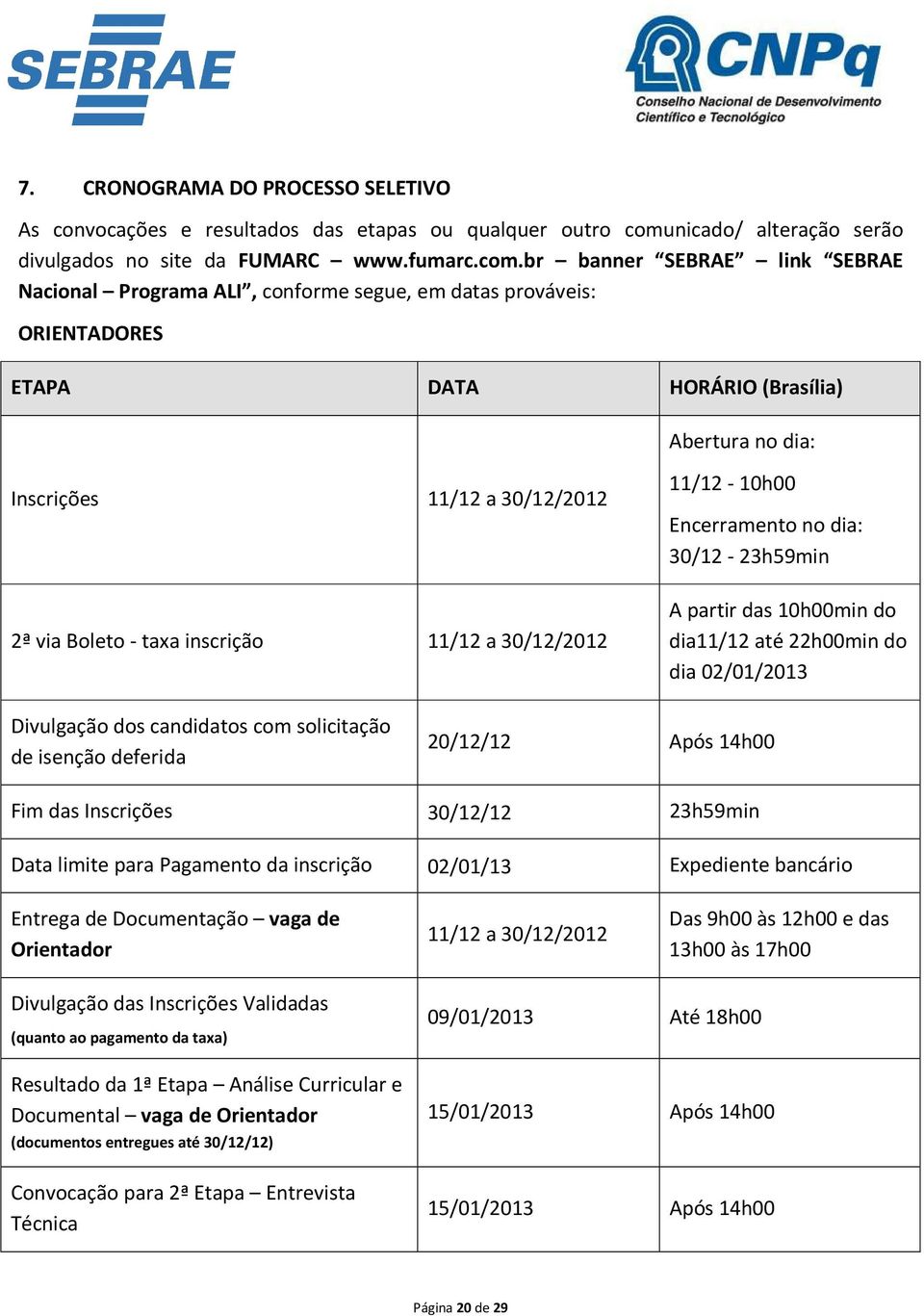 br banner SEBRAE link SEBRAE Nacional Programa ALI, conforme segue, em datas prováveis: ORIENTADORES ETAPA DATA HORÁRIO (Brasília) Abertura no dia: Inscrições 11/12 a 30/12/2012 2ª via Boleto - taxa