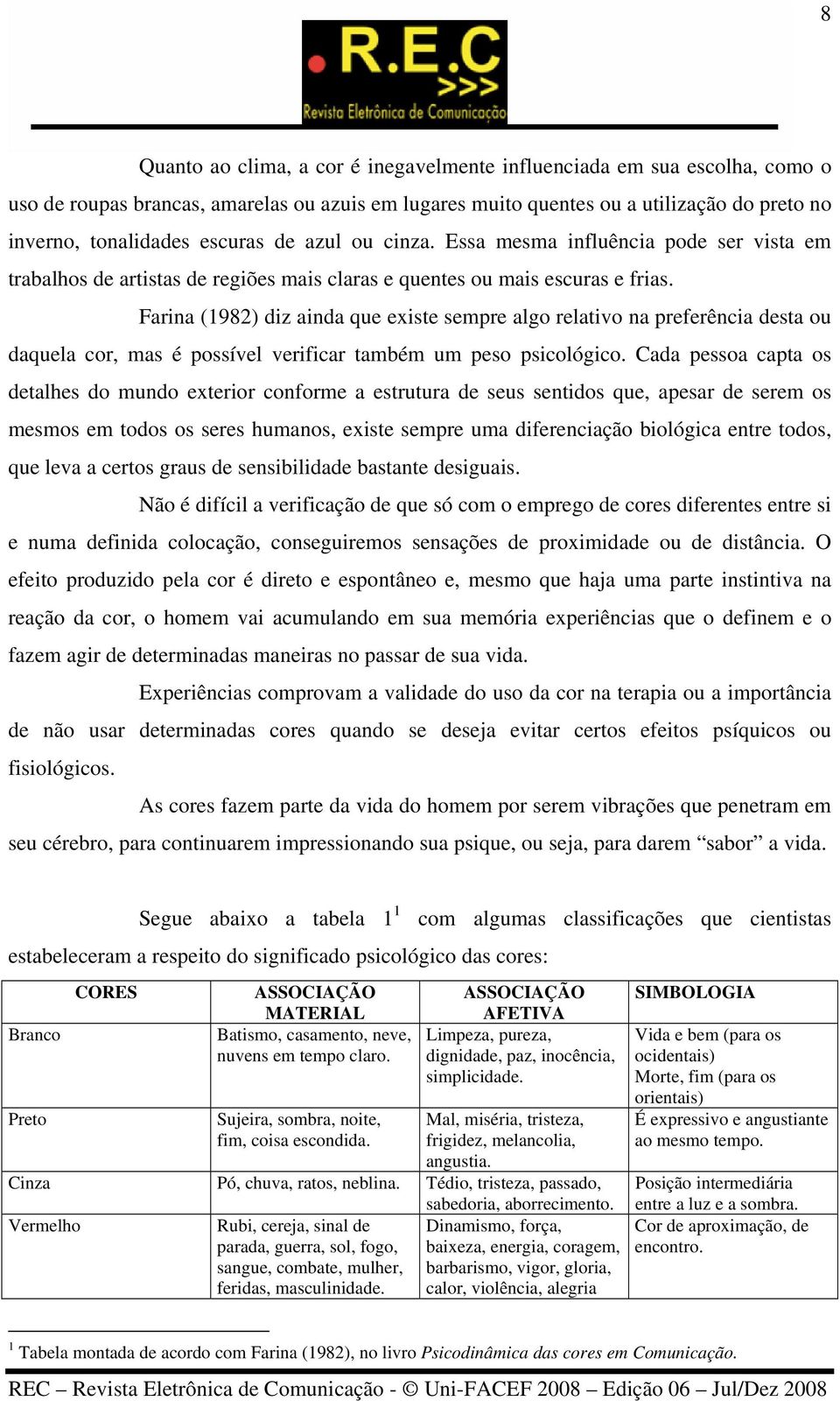 Farina (1982) diz ainda que existe sempre algo relativo na preferência desta ou daquela cor, mas é possível verificar também um peso psicológico.