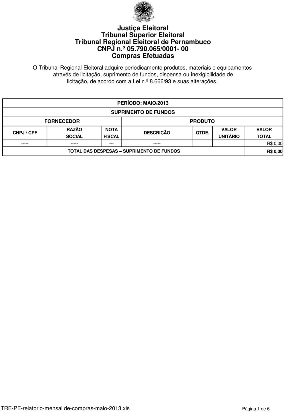 licitação, suprimento de fundos, dispensa ou inexigibilidade de licitação, de acordo com a Lei n.º 8.666/93 e suas alterações.