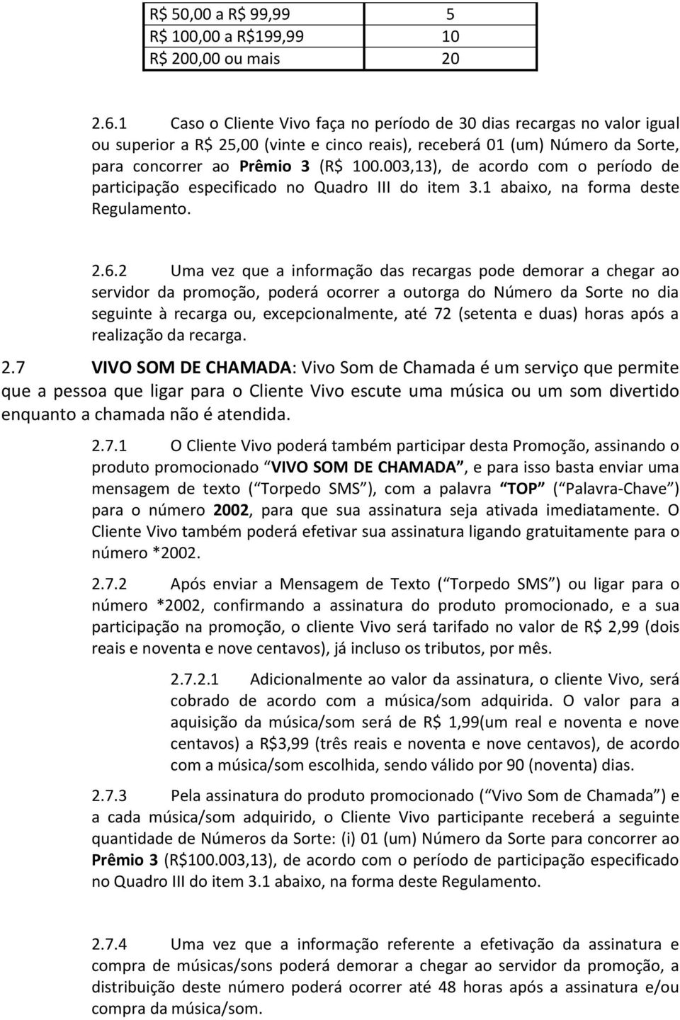 003,13), de acordo com o período de participação especificado no Quadro III do item 3.1 abaixo, na forma deste Regulamento. 2.6.