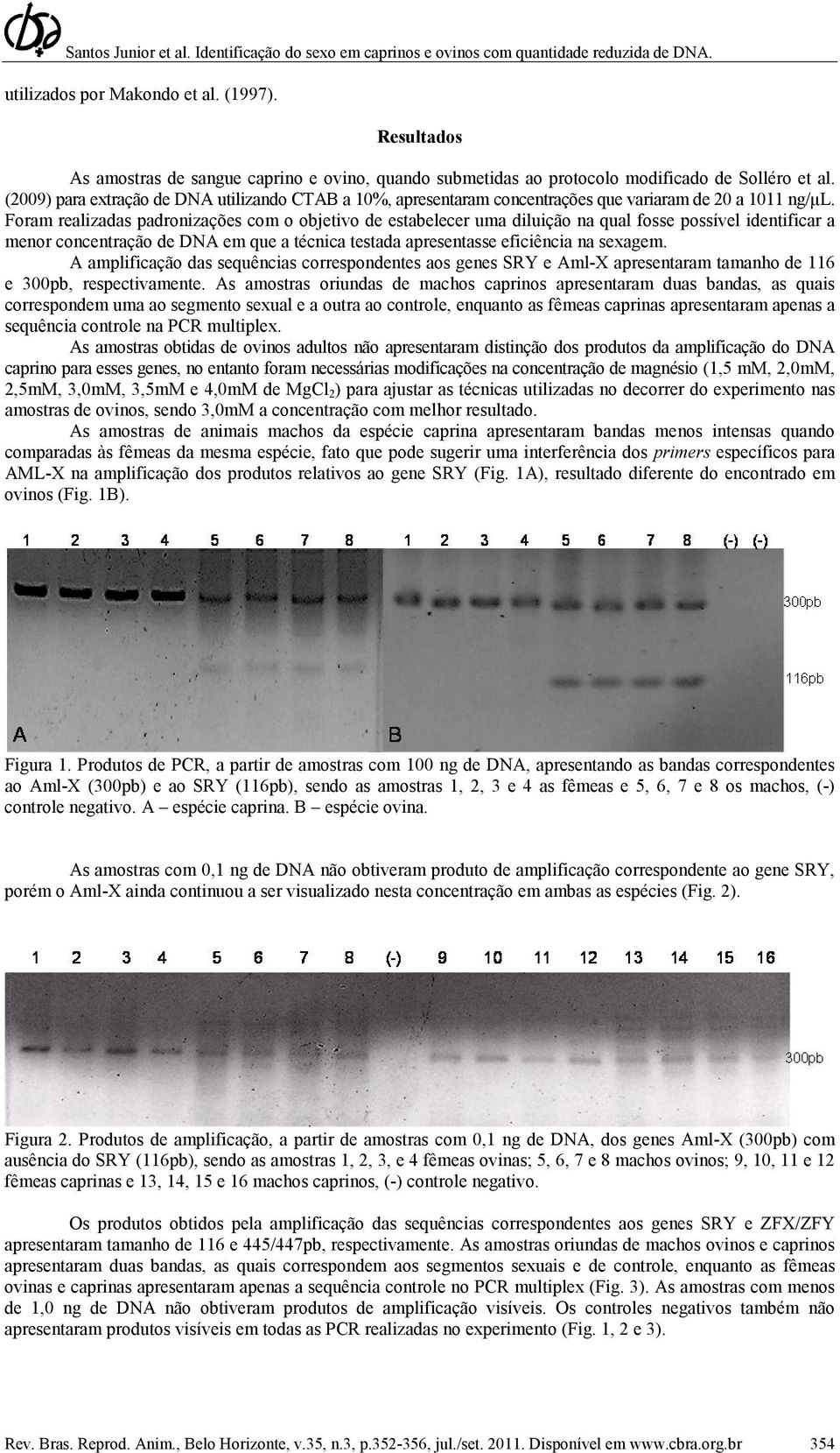 Foram realizadas padronizações com o objetivo de estabelecer uma diluição na qual fosse possível identificar a menor concentração de DNA em que a técnica testada apresentasse eficiência na sexagem.