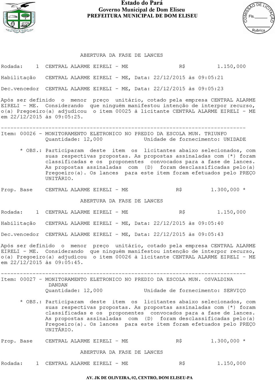 Item: 00026 - MONITORAMENTO ELETRONICO NO PREDIO DA ESCOLA MUN. TRIUNFO Habilitação CENTRAL ALARME EIRELI - ME, Data: 22/12/2015 às 09:05:40 Dec.