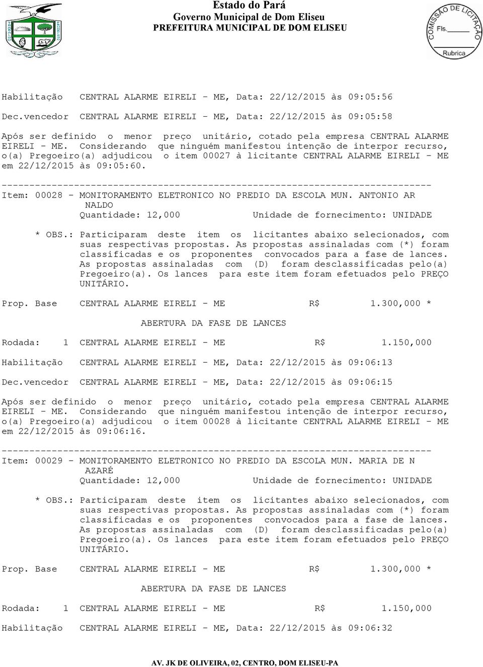 Item: 00028 - MONITORAMENTO ELETRONICO NO PREDIO DA ESCOLA MUN. ANTONIO AR NALDO Habilitação CENTRAL ALARME EIRELI - ME, Data: 22/12/2015 às 09:06:13 Dec.