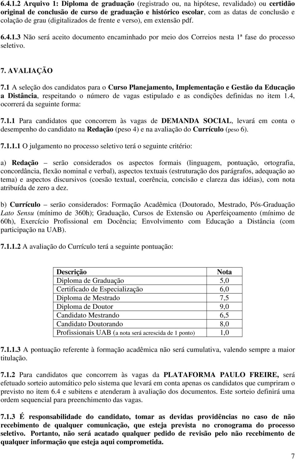 (digitalizados de frente e verso), em extensão pdf. 3 Não será aceito documento encaminhado por meio dos Correios nesta 1ª fase do processo seletivo. 7. AVALIAÇÃO 7.