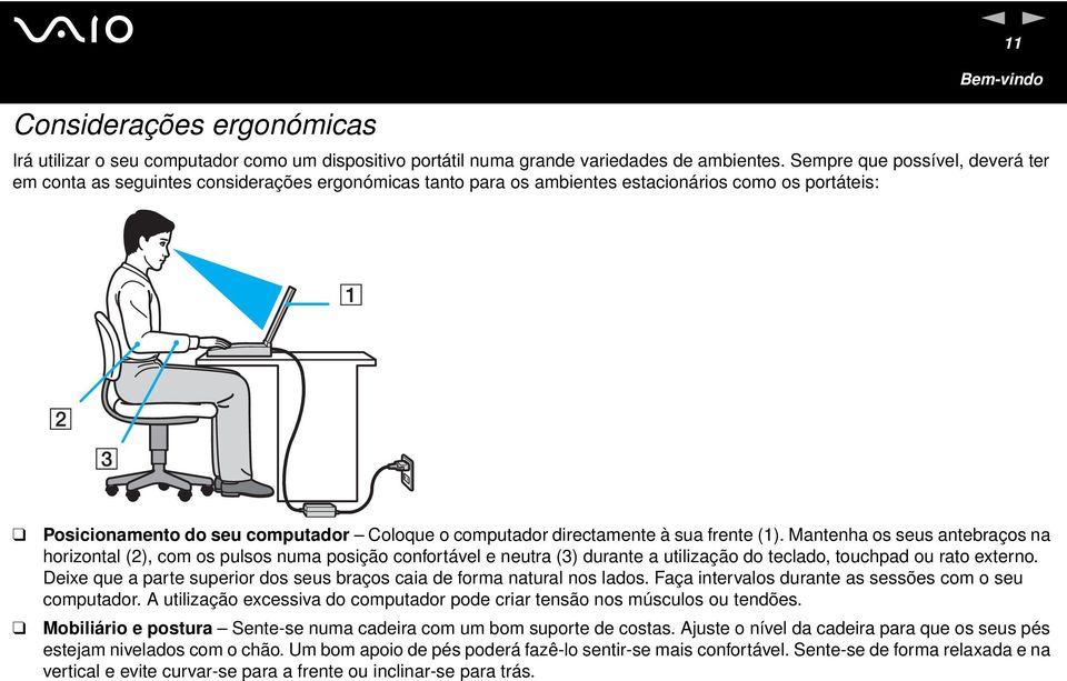 directamente à sua frente (1). Mantenha os seus antebraços na horizontal (2), com os pulsos numa posição confortável e neutra (3) durante a utilização do teclado, touchpad ou rato externo.