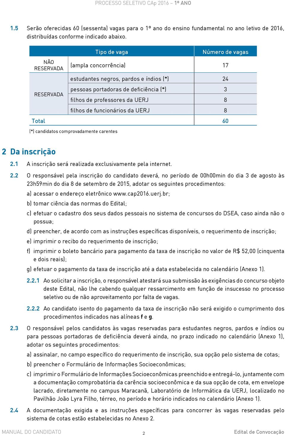 de funcionários da UERJ 8 Total 60 (*) candidatos comprovadamente carentes 2 