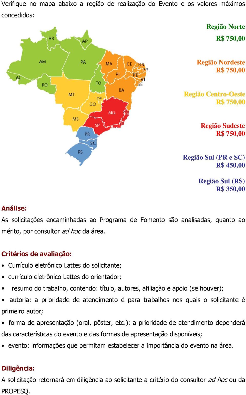 Critérios de avaliação: Currículo eletrônico Lattes do solicitante; currículo eletrônico Lattes do orientador; resumo do trabalho, contendo: título, autores, afiliação e apoio (se houver); autoria: a