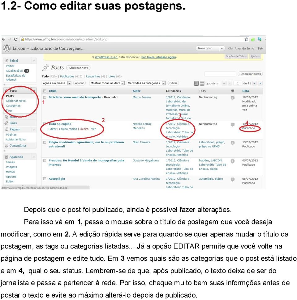 A edição rápida serve para quando se quer apenas mudar o título da postagem, as tags ou categorias listadas.