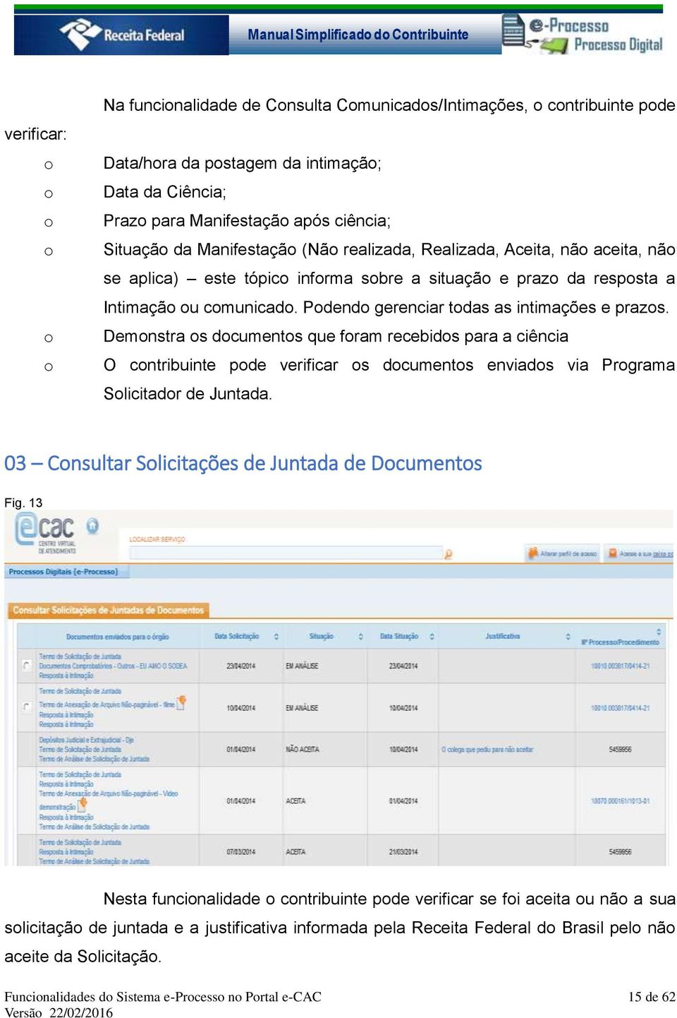 Podendo gerenciar todas as intimações e prazos. Demonstra os documentos que foram recebidos para a ciência O contribuinte pode verificar os documentos enviados via Programa Solicitador de Juntada.