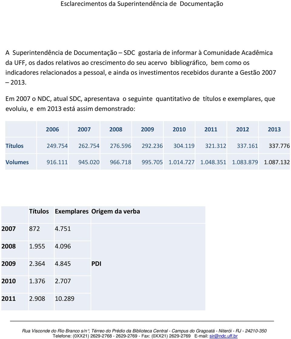 Em 2007 o NDC, atual SDC, apresentava o seguinte quantitativo de títulos e exemplares, que evoluiu, e em 2013 está assim demonstrado: 2006 2007 2008 2009 2010 2011 2012 2013 Títulos 249.