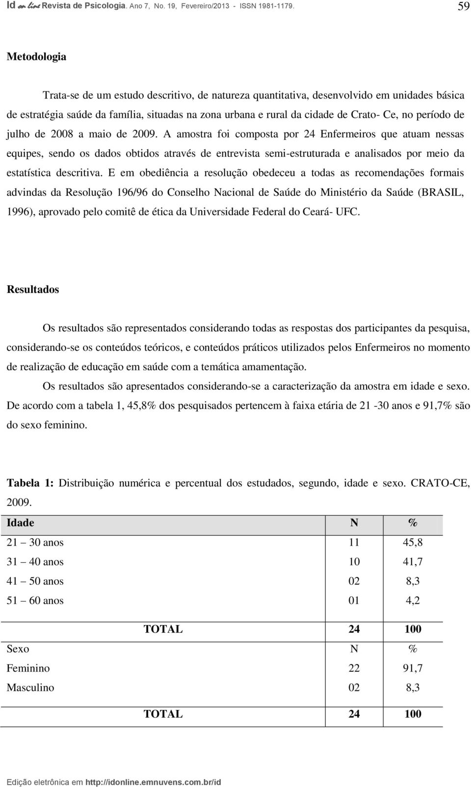 A amostra foi composta por 24 Enfermeiros que atuam nessas equipes, sendo os dados obtidos através de entrevista semi-estruturada e analisados por meio da estatística descritiva.