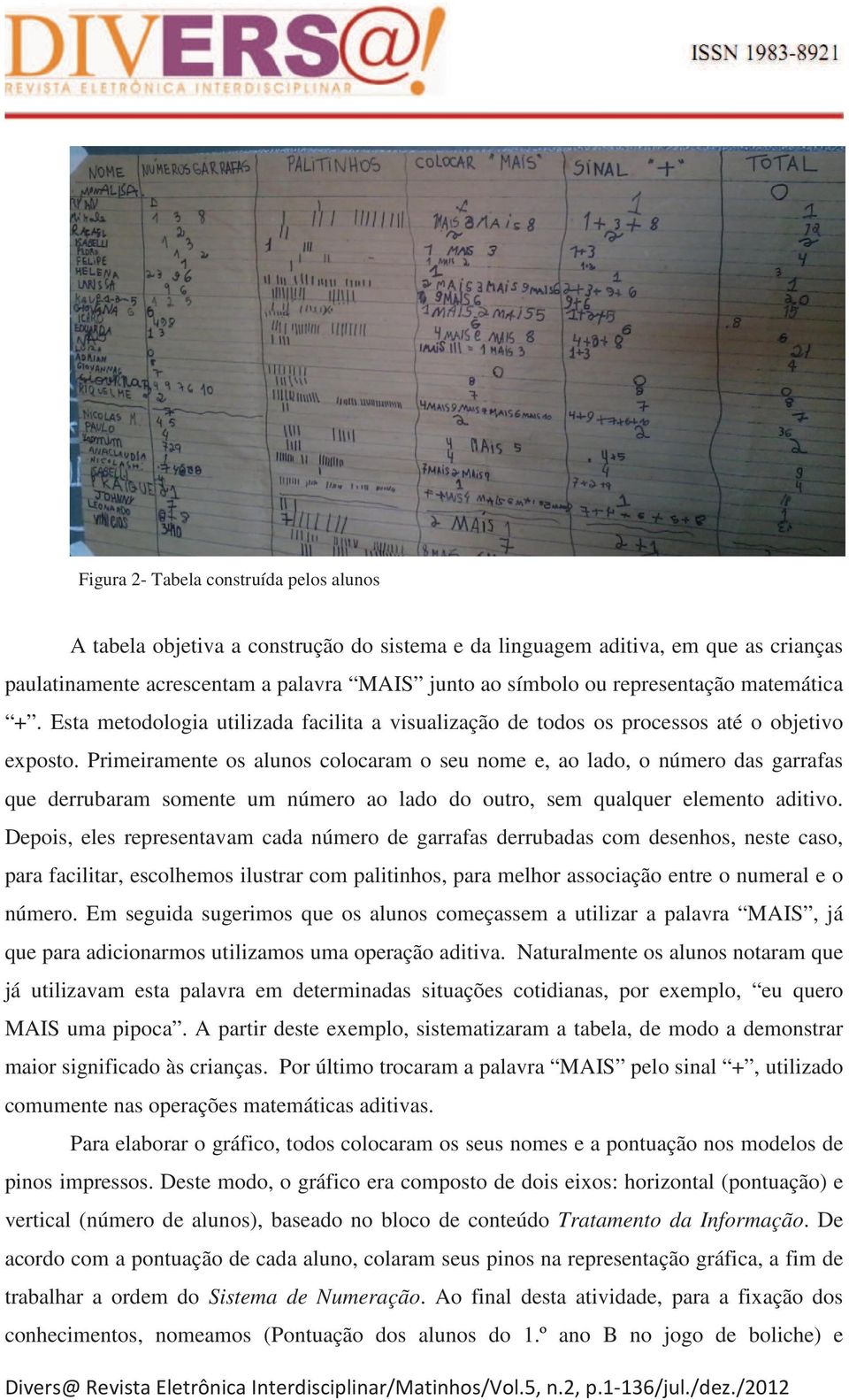 Primeiramente os alunos colocaram o seu nome e, ao lado, o número das garrafas que derrubaram somente um número ao lado do outro, sem qualquer elemento aditivo.