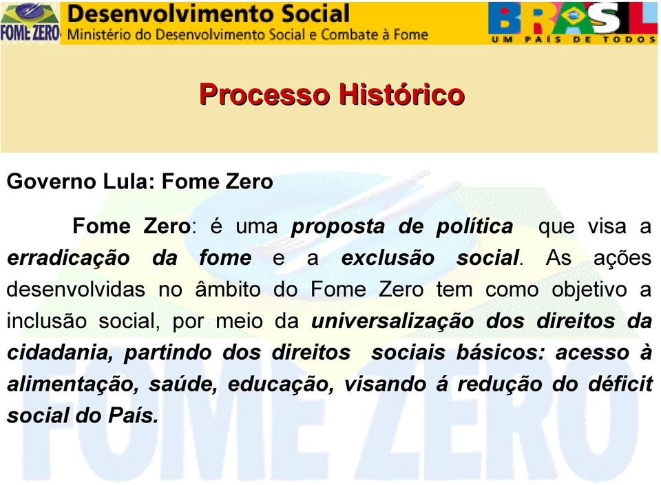 As ações desenvolvidas no âmbito do Fome Zero tem como objetivo a inclusão social, por meio da