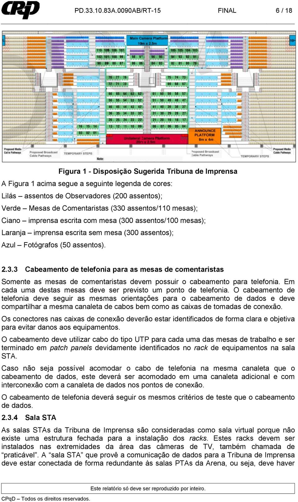 Comentaristas (330 assentos/110 mesas); Ciano imprensa escrita com mesa (300 assentos/100 mesas); Laranja imprensa escrita sem mesa (300 assentos); Azul Fotógrafos (50 assentos). 2.3.3 Cabeamento de telefonia para as mesas de comentaristas Somente as mesas de comentaristas devem possuir o cabeamento para telefonia.