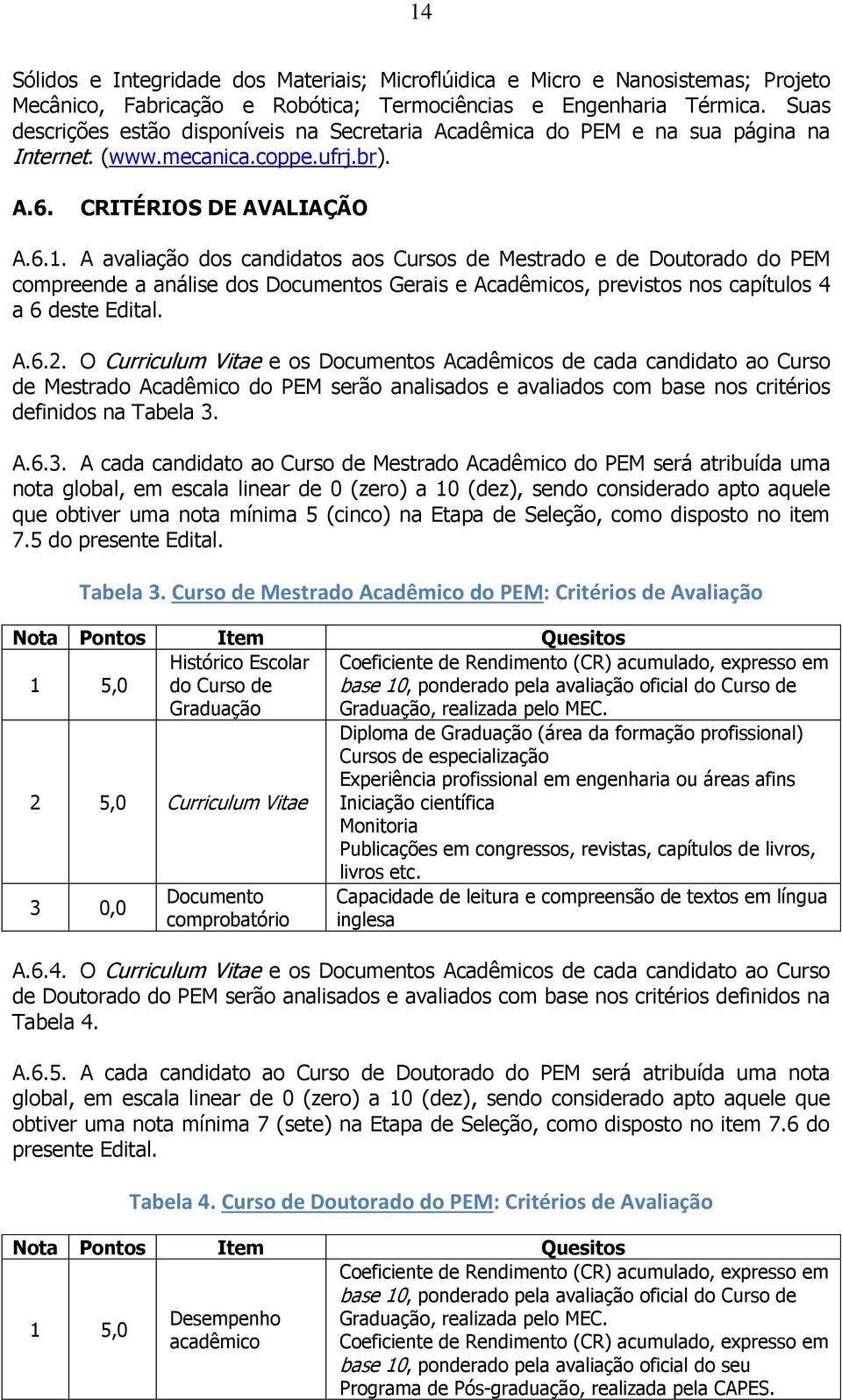 A avaliação dos candidatos aos Cursos de Mestrado e de Doutorado do PEM compreende a análise dos Documentos Gerais e Acadêmicos, previstos nos capítulos 4 a 6 deste Edital. A.6.2.