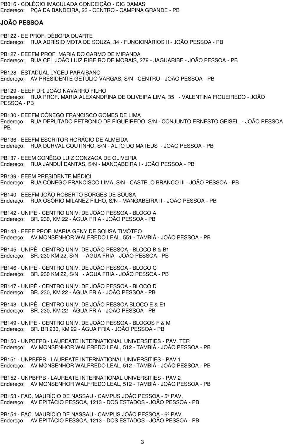 MARIA DO CARMO DE MIRANDA Endereço: RUA CEL JOÃO LUIZ RIBEIRO DE MORAIS, 279 - JAGUARIBE - JOÃO PESSOA - 128 - ESTADUAL LYCEU PARAIBANO Endereço: AV PRESIDENTE GETÚLIO VARGAS, S/N - CENTRO - JOÃO