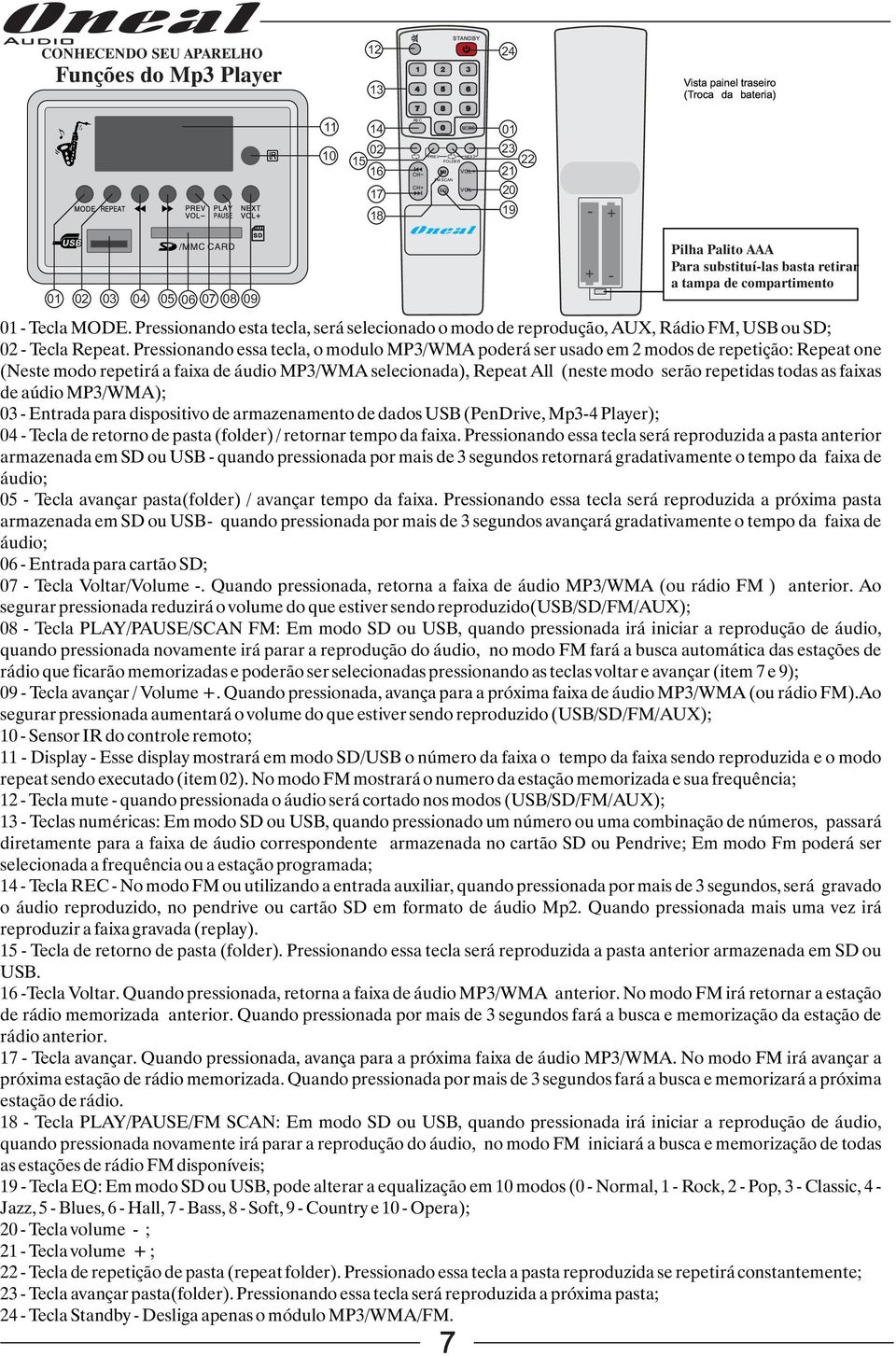 Pressionando essa tecla, o modulo MP3/WMA poderá ser usado em 2 modos de repetição: Repeat one (Neste modo repetirá a faixa de áudio MP3/WMA selecionada), Repeat All (neste modo serão repetidas todas