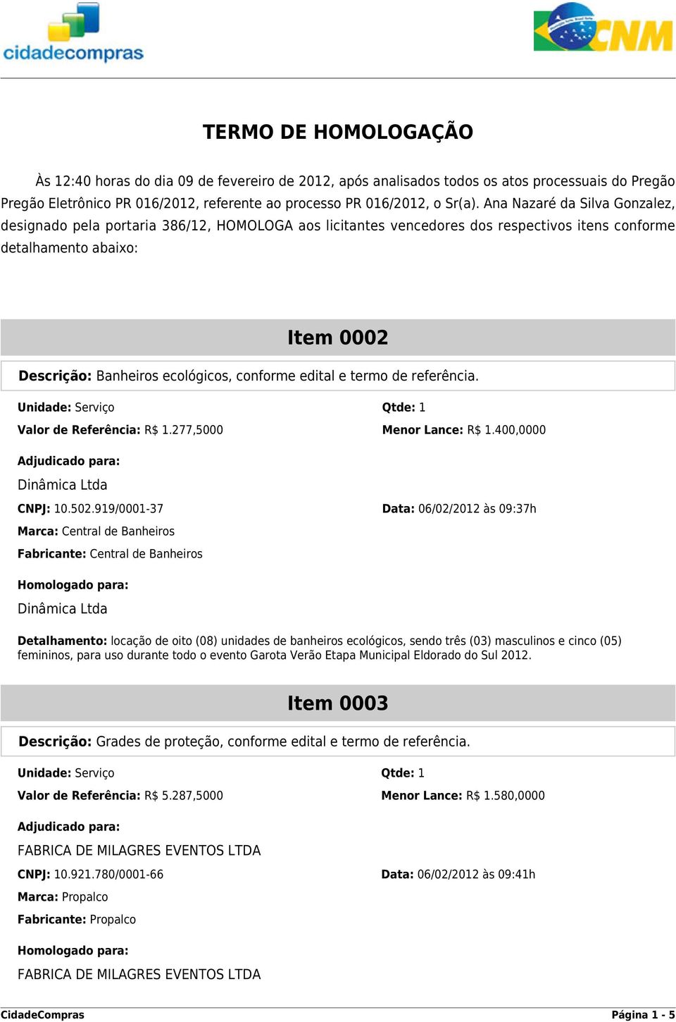 conforme edital e termo de referência. Valor de Referência: R$ 1.277,5000 Menor Lance: R$ 1.400,0000 CNPJ: 10.502.