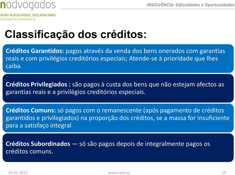 Créditos Privilegiados : são pagos à custa dos bens que não estejam afectos as garantias reais e a privilégios creditórios especiais.