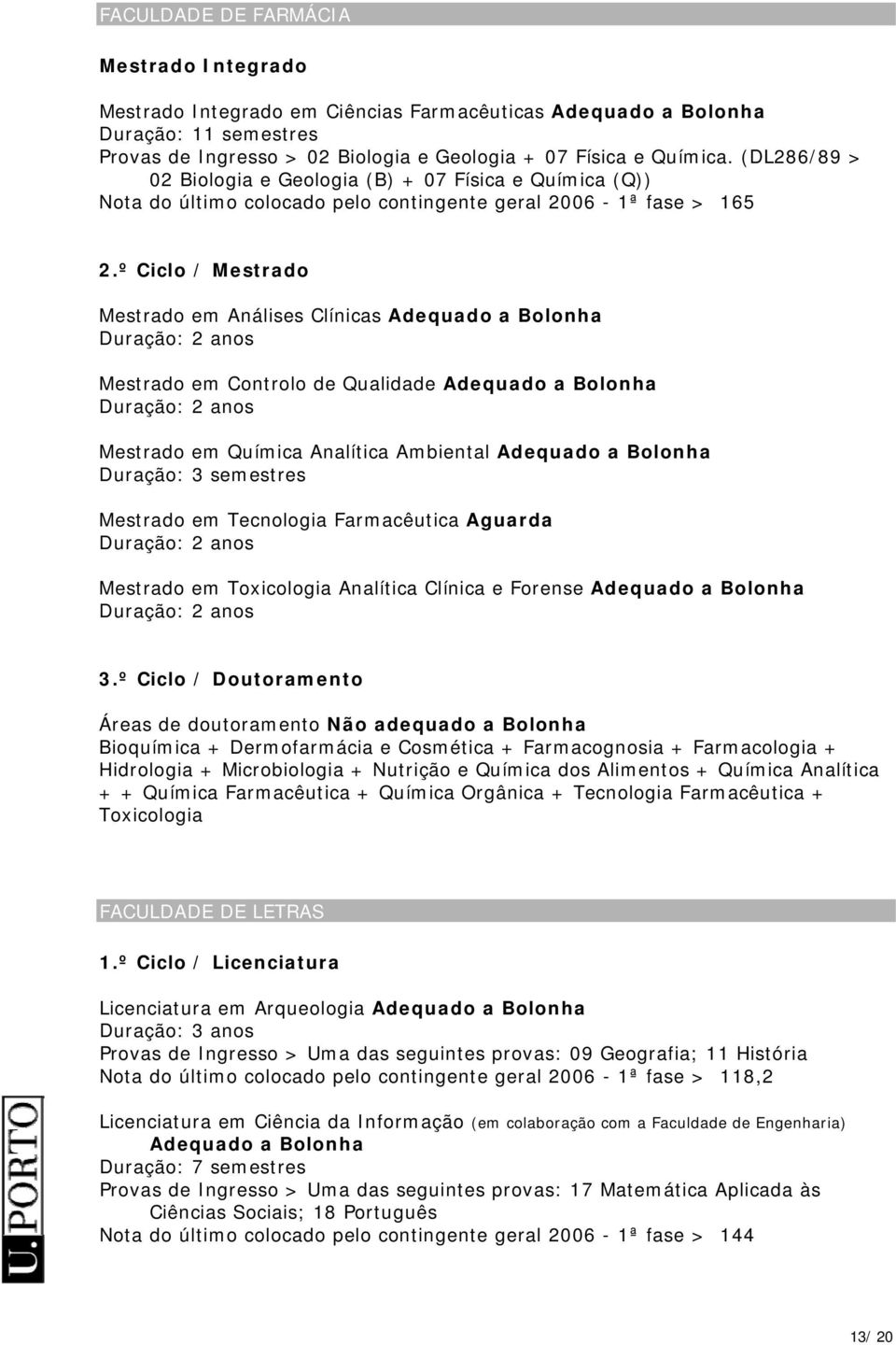 Controlo de Qualidade Adequado a Bolonha Mestrado em Química Analítica Ambiental Adequado a Bolonha Duração: 3 semestres Mestrado em Tecnologia Farmacêutica Aguarda Mestrado em Toxicologia Analítica