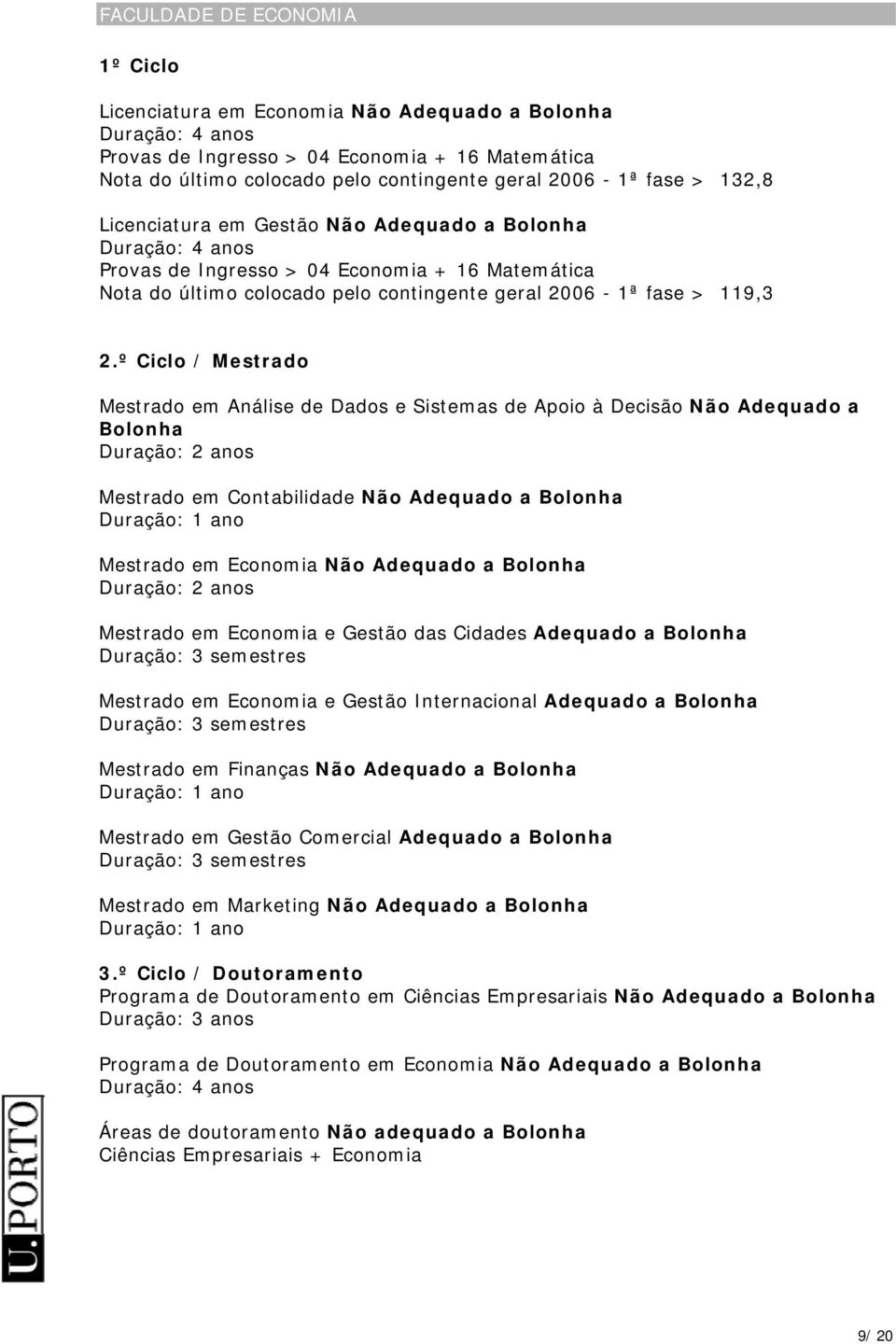 Mestrado em Análise de Dados e Sistemas de Apoio à Decisão Não Adequado a Bolonha Mestrado em Contabilidade Não Adequado a Bolonha Duração: 1 ano Mestrado em Economia Não Adequado a Bolonha Mestrado