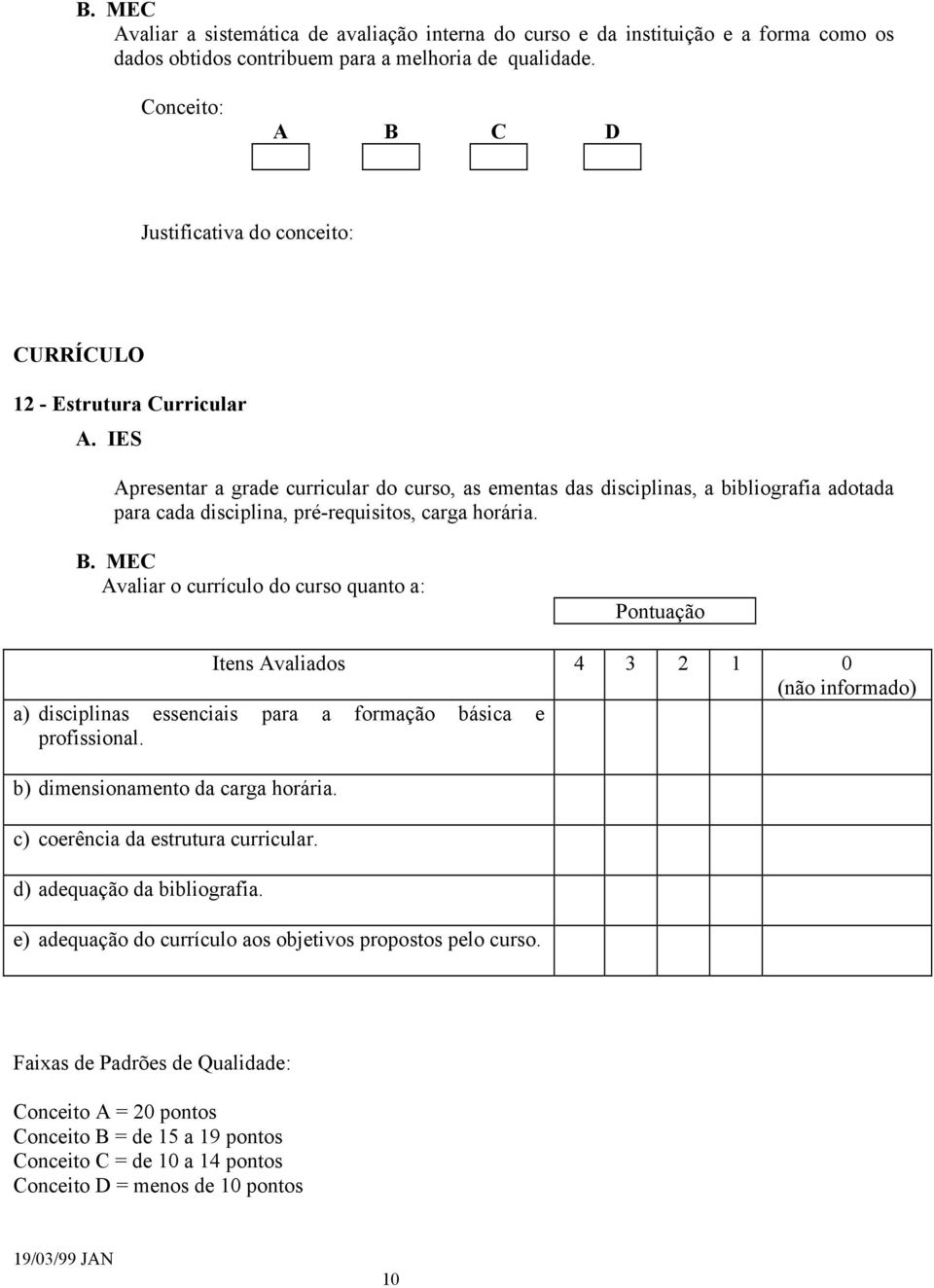 Avaliar o currículo do curso quanto a: Pontuação Itens Avaliados 4 3 2 1 0 (não informado) a) disciplinas essenciais para a formação básica e profissional. b) dimensionamento da carga horária.