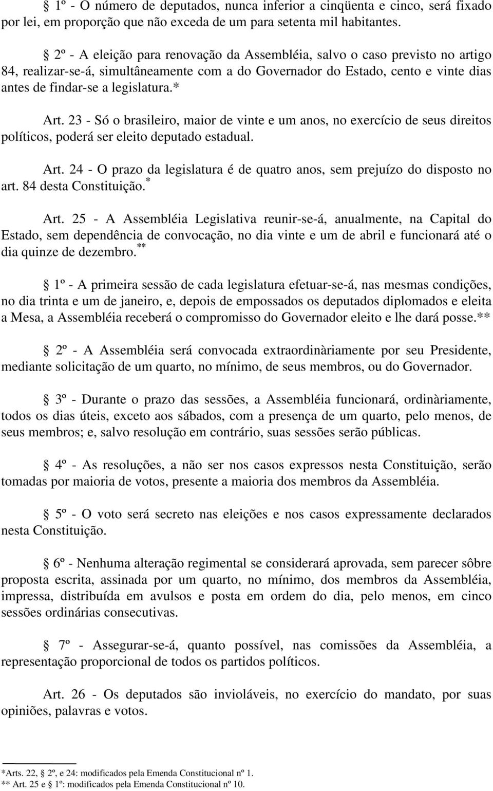 * Art. 23 - Só o brasileiro, maior de vinte e um anos, no exercício de seus direitos políticos, poderá ser eleito deputado estadual. Art. 24 - O prazo da legislatura é de quatro anos, sem prejuízo do disposto no art.