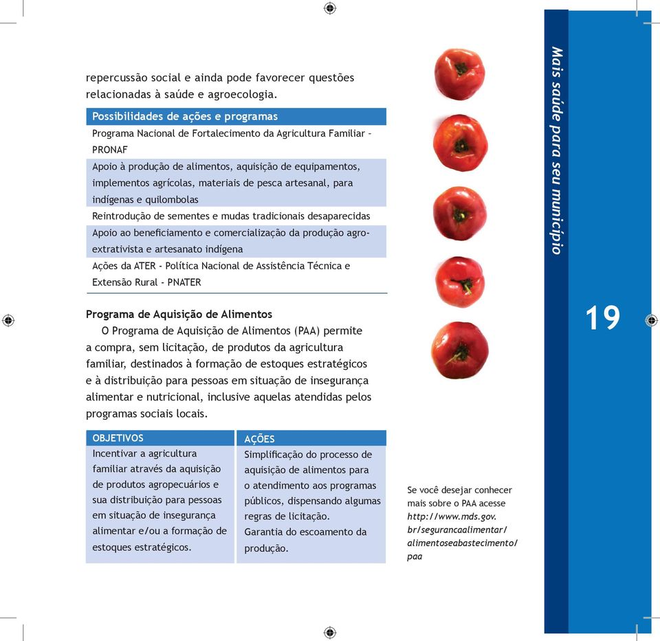 pesca artesanal, para indígenas e quilombolas Reintrodução de sementes e mudas tradicionais desaparecidas Apoio ao beneficiamento e comercialização da produção agroextrativista e artesanato indígena