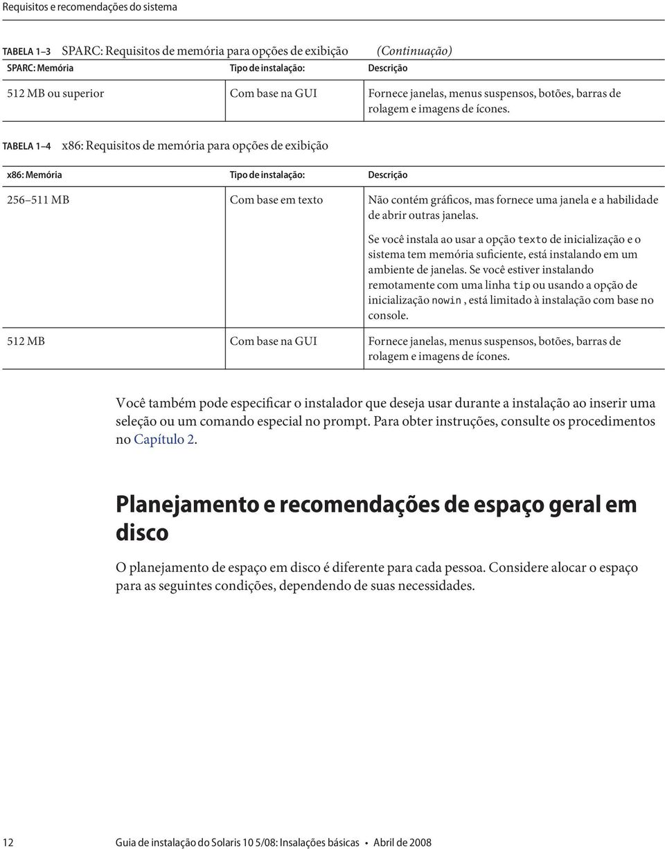 TABELA 1 4 x86: Requisitos de memória para opções de exibição x86: Memória Tipo de instalação: Descrição 256 511 MB Com base em texto Não contém gráficos, mas fornece uma janela e a habilidade de