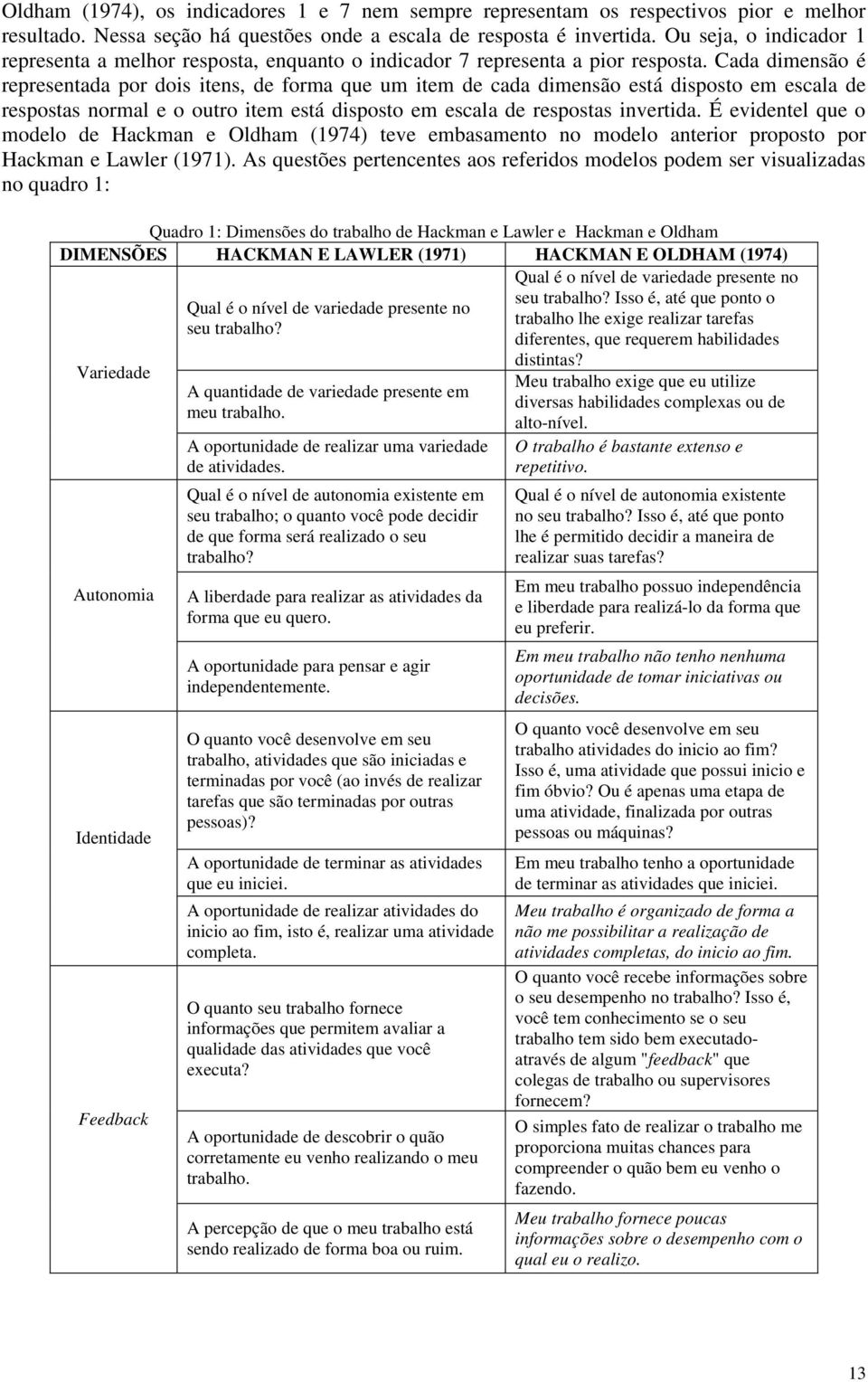 Cada dimensão é representada por dois itens, de forma que um item de cada dimensão está disposto em escala de respostas normal e o outro item está disposto em escala de respostas invertida.