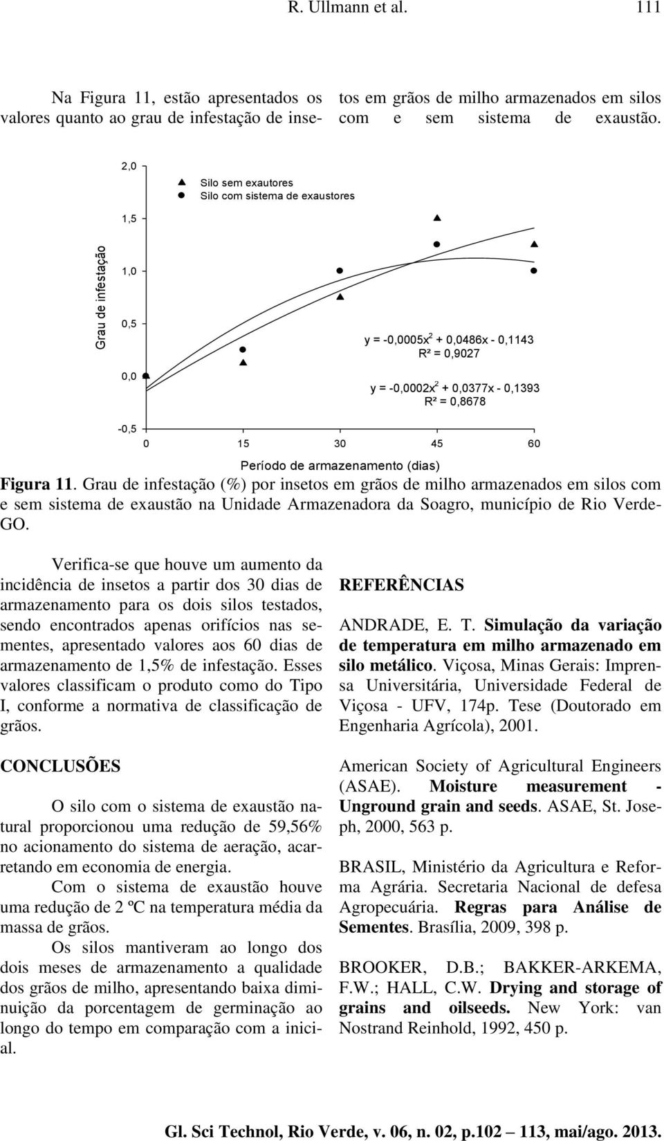 armazenamento (dias) Figura 11. Grau de infestação (%) por insetos em grãos de milho armazenados em silos com e sem sistema de exaustão na Unidade Armazenadora da Soagro, município de Rio Verde- GO.