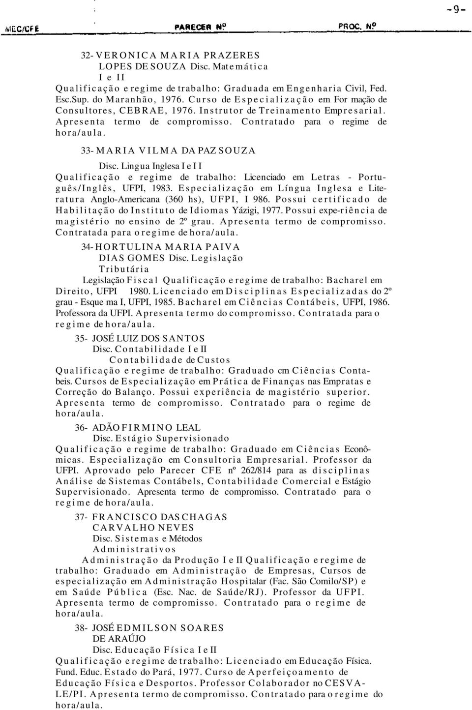 33- MARIA VILMA DA PAZ SOUZA Disc. Lingua Inglesa I e I I Qualificação e regime de trabalho: Licenciado em Letras - Português/Inglês, UFPI, 1983.