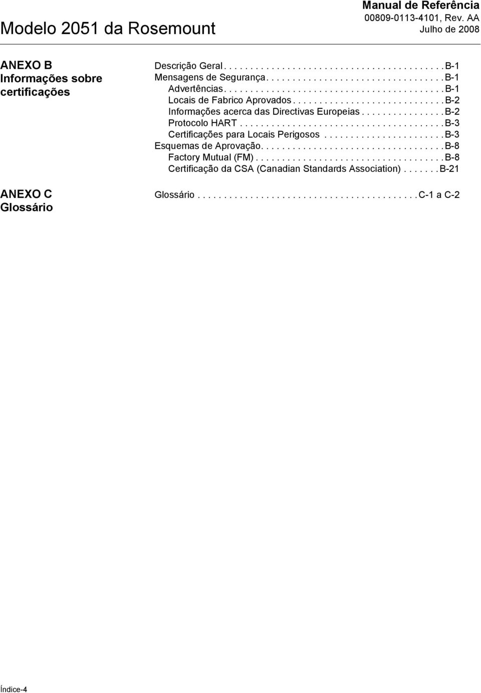 ............... B-2 Protocolo HART....................................... B-3 Certificações para Locais Perigosos....................... B-3 Esquemas de Aprovação................................... B-8 Factory Mutual (FM).