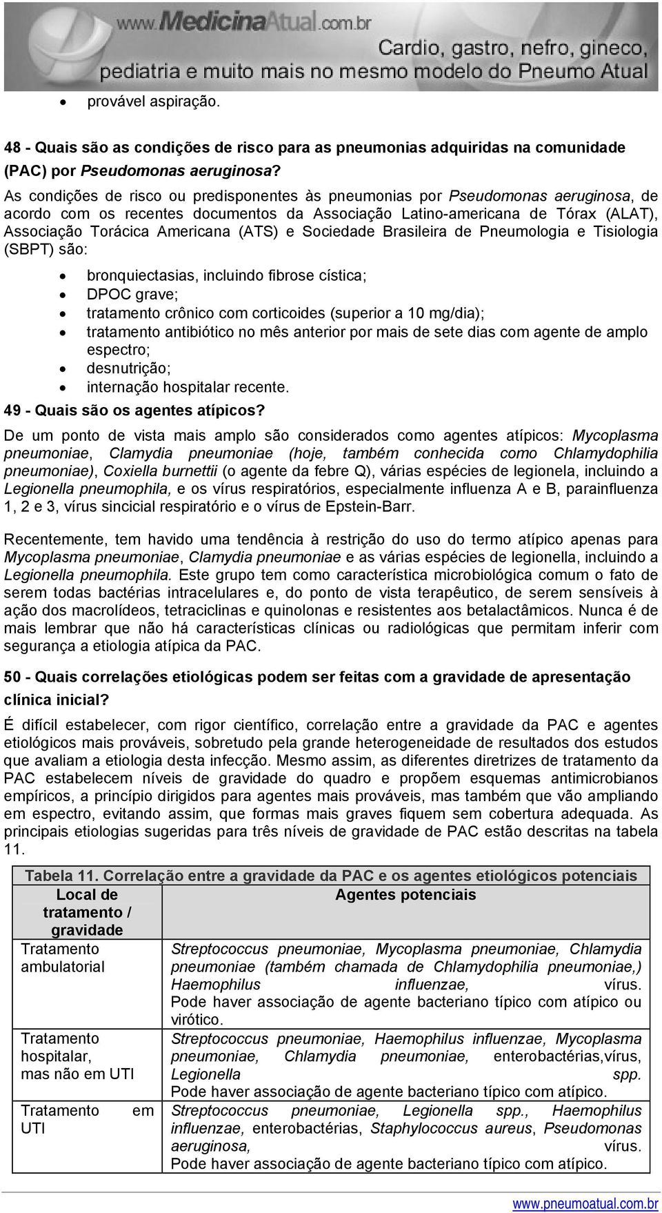 (ATS) e Sociedade Brasileira de Pneumologia e Tisiologia (SBPT) são: bronquiectasias, incluindo fibrose cística; DPOC grave; tratamento crônico com corticoides (superior a 10 mg/dia); tratamento